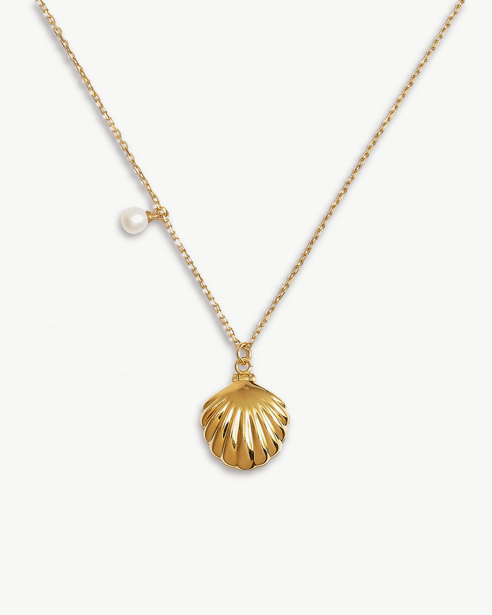 a gold necklace with a shell on it