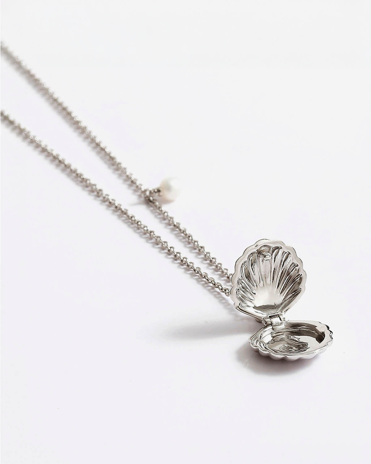 a silver necklace with a shell on a chain