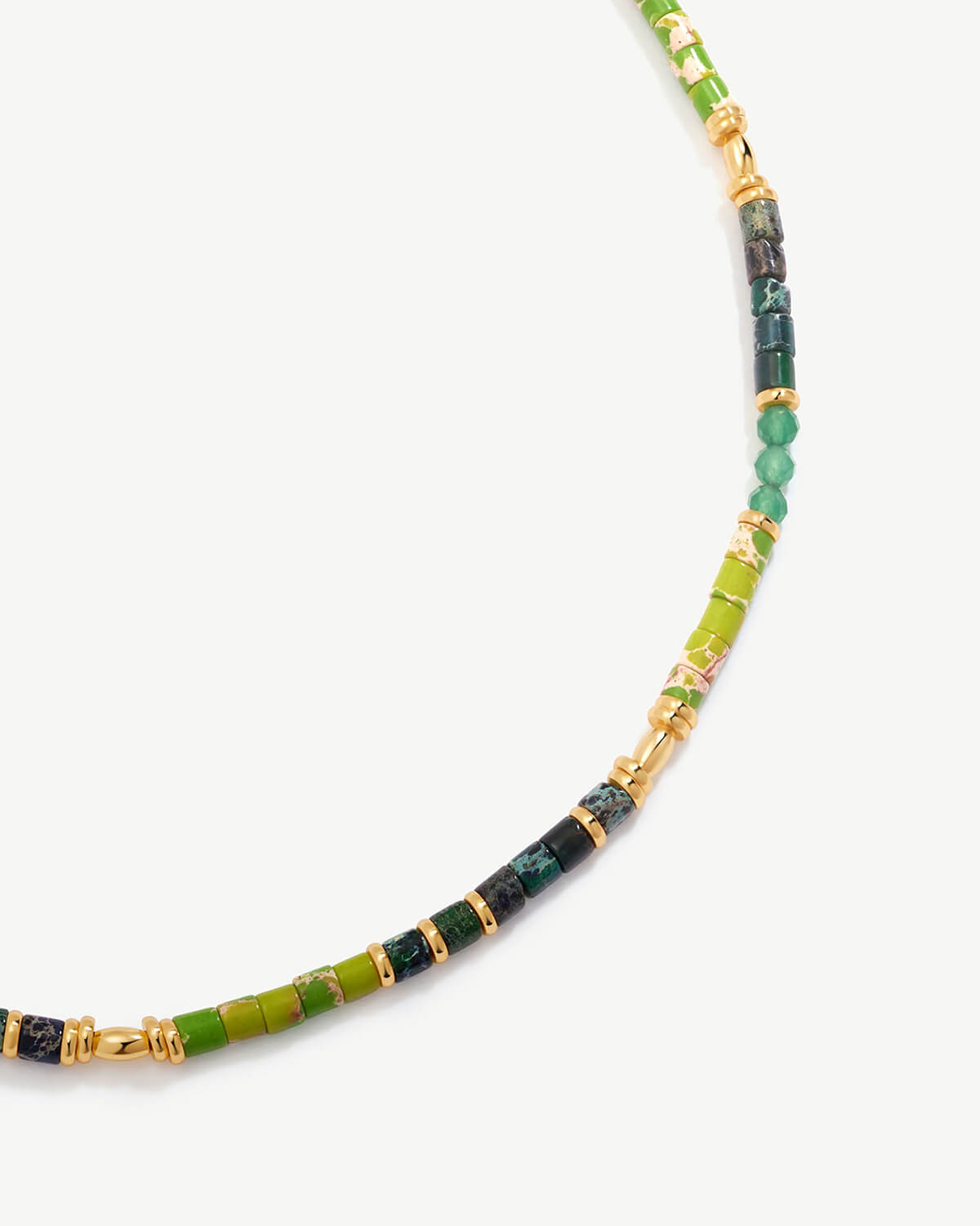 a necklace with green and gold beads