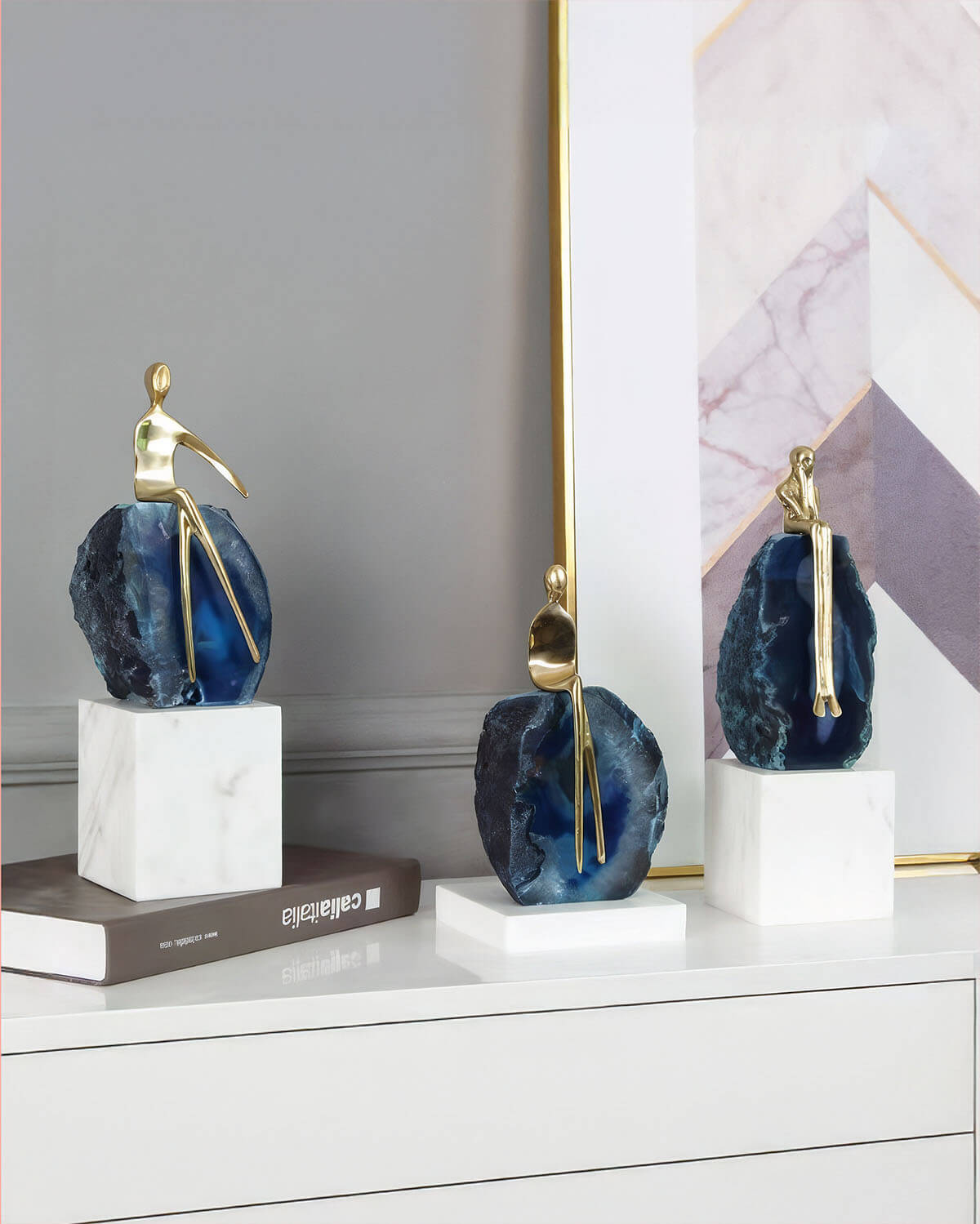 Blue Agate Thinker Sculpture Set