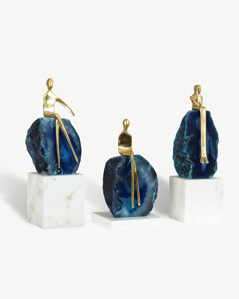 Tranquil Contemplation - Blue Agate Thinker Sculpture Set